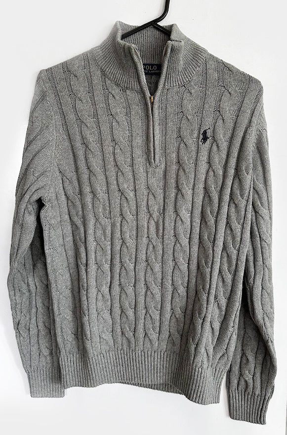Ralph Lauren Quarter-Zip Cable Knit Winter Sweater, Grey