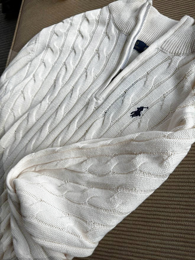 Ralph Lauren Quarter-Zip Cable Knit Winter Sweater, White