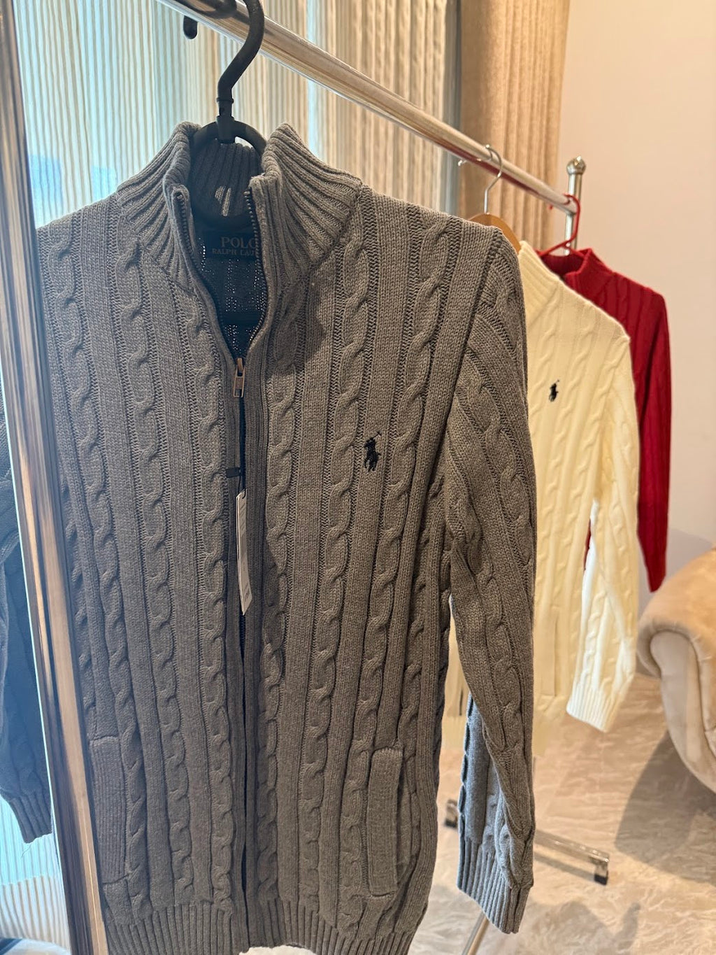 Ralph Lauren Full-Zip Cable Knit Winter Sweater, Grey