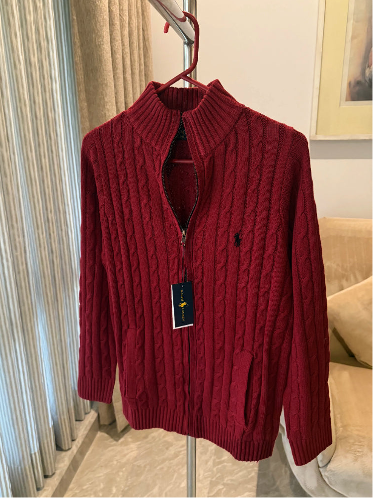 Ralph Lauren Full-Zip Cable Knit Winter Sweater, Maroon