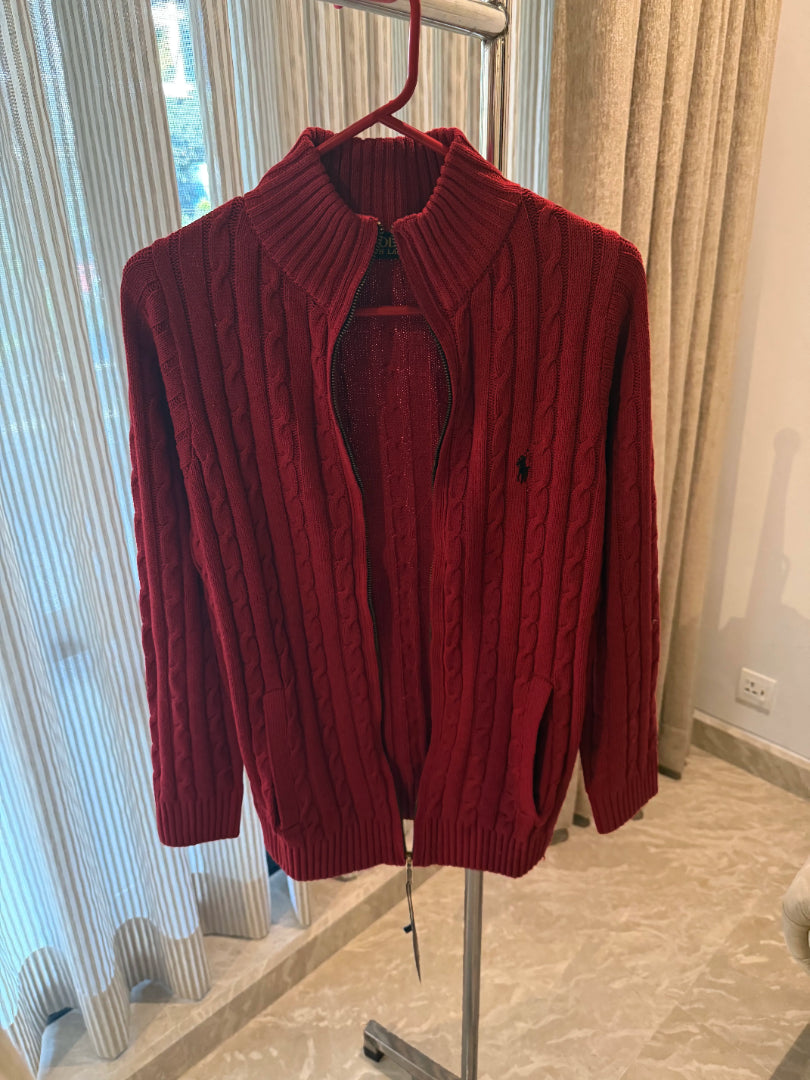 Ralph Lauren Full-Zip Cable Knit Winter Sweater, Maroon