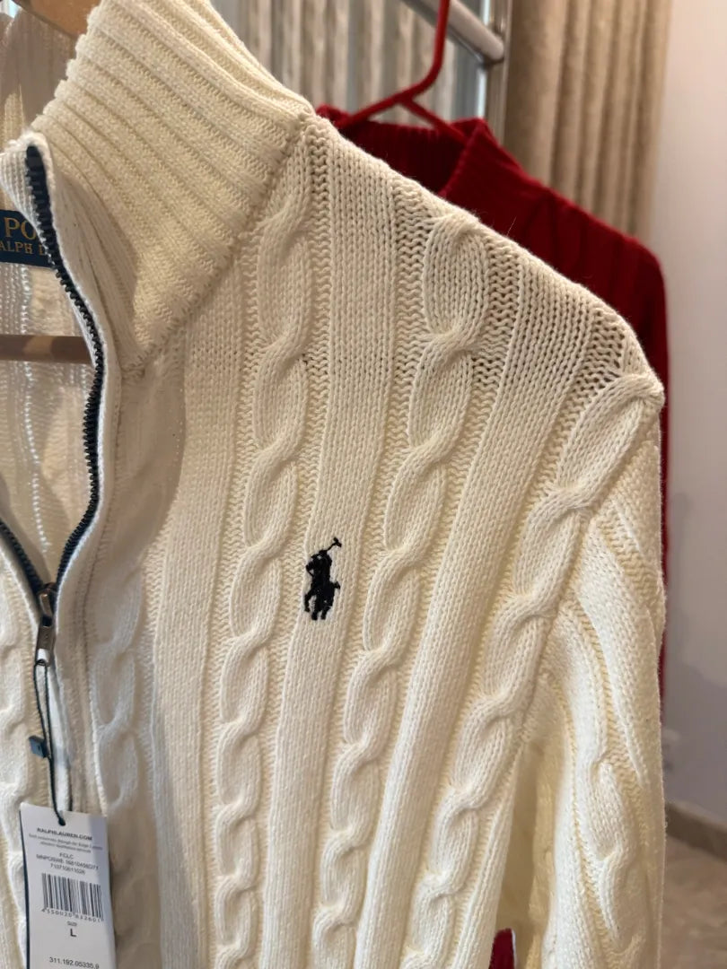 Ralph Lauren Full-Zip Cable Knit Winter Sweater, White