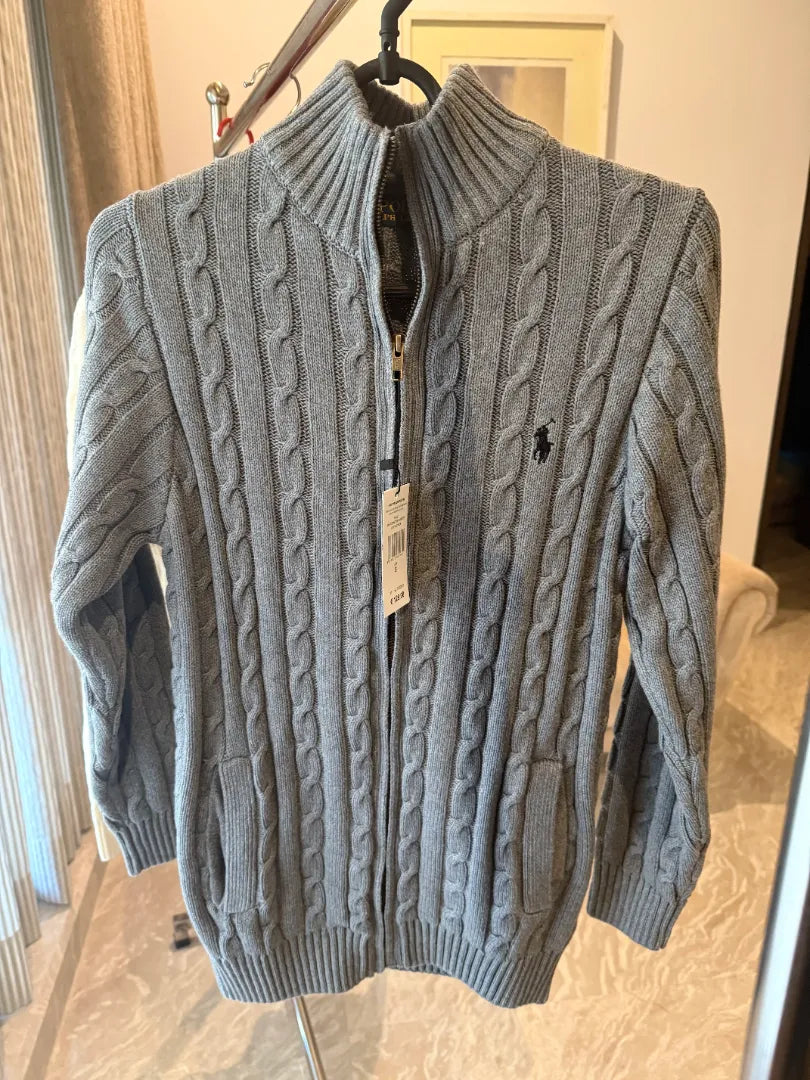 Ralph Lauren Full-Zip Cable Knit Winter Sweater, Grey