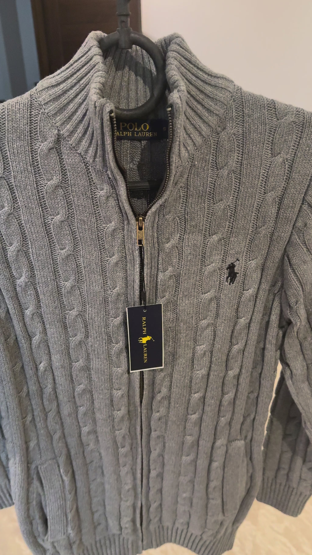 Ralph Lauren Full-Zip Cable Knit Winter Sweater, Grey