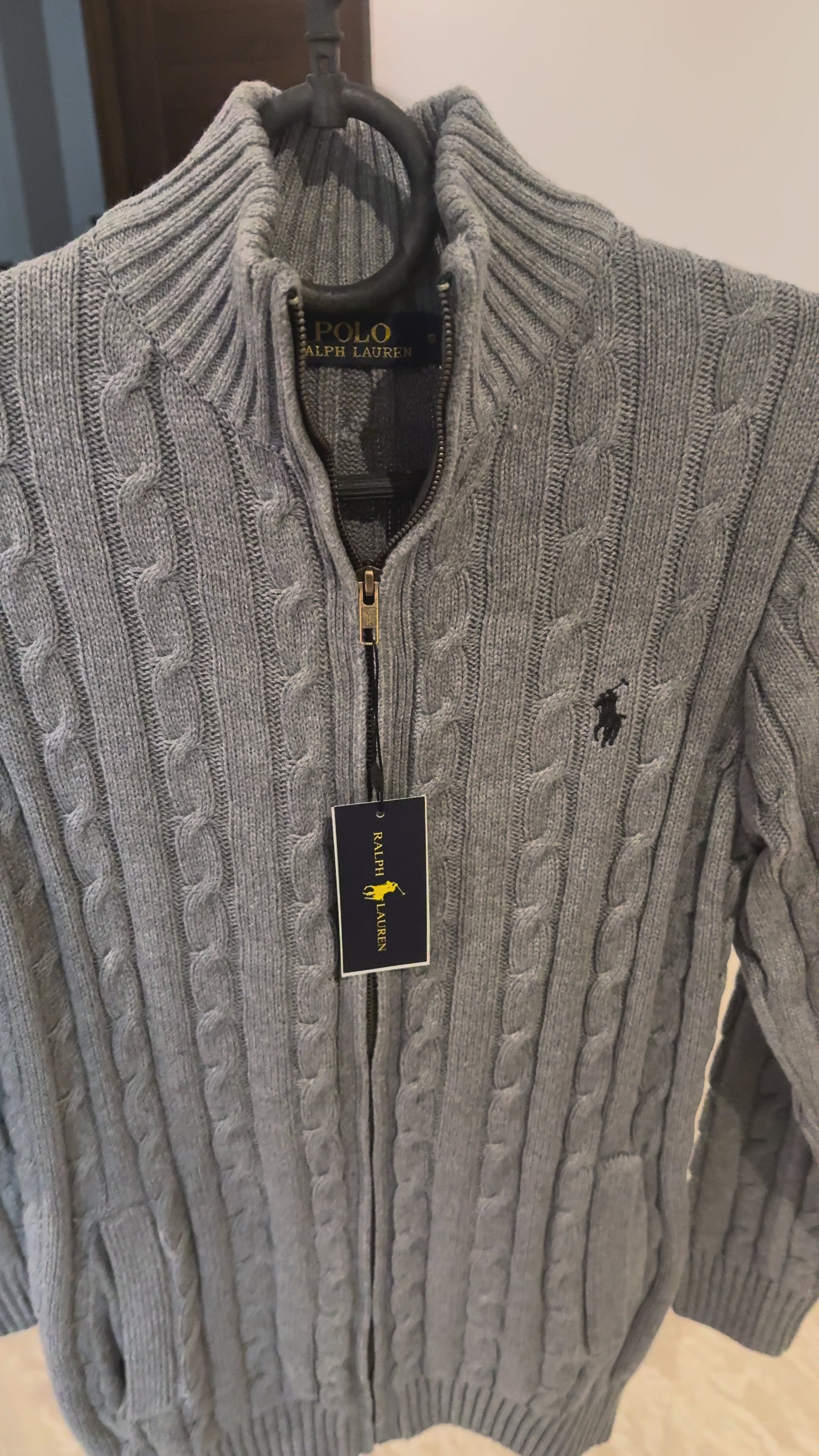 Ralph Lauren Full-Zip Cable Knit Winter Sweater, Grey