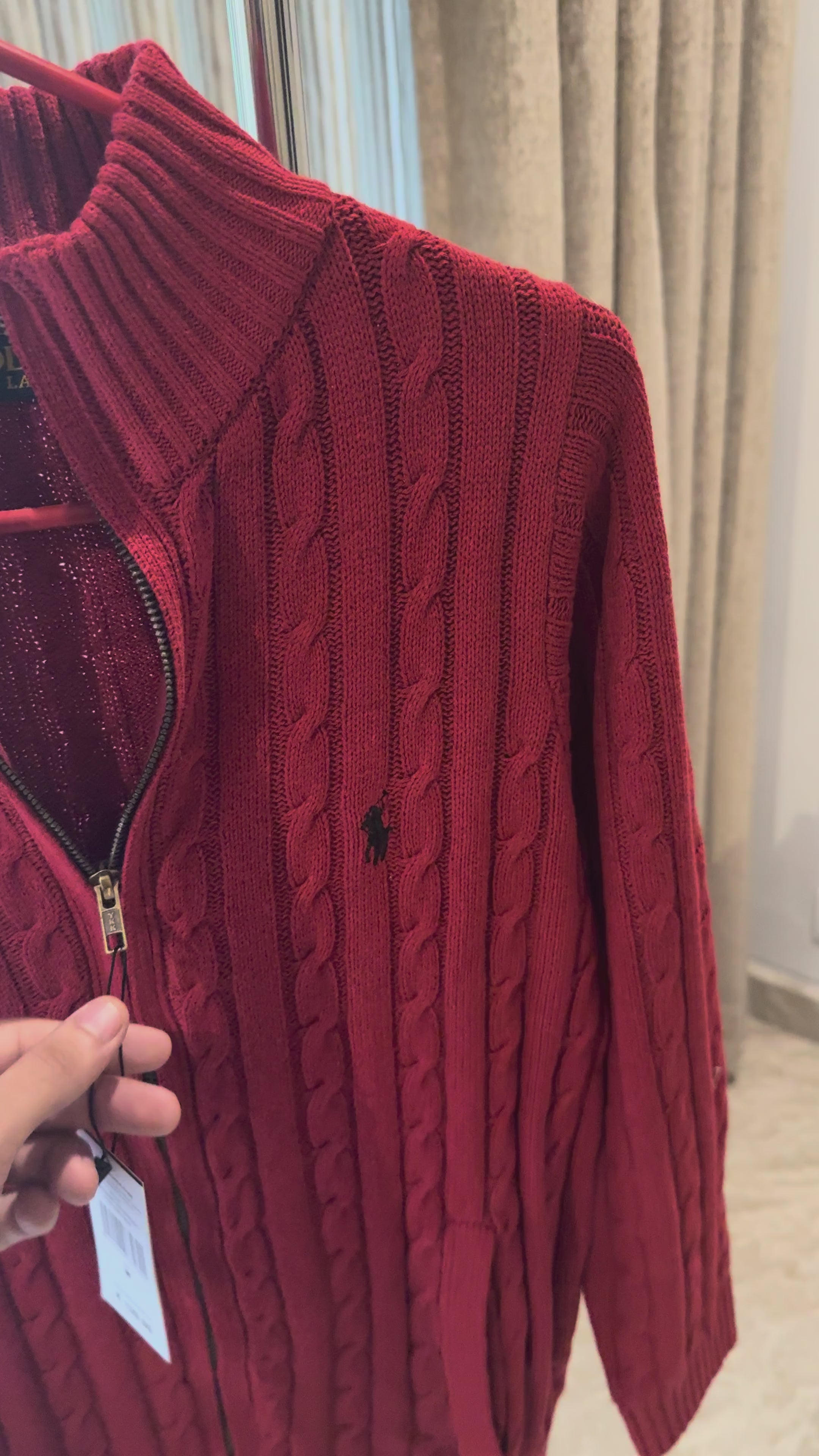 Ralph Lauren Full-Zip Cable Knit Winter Sweater, Maroon